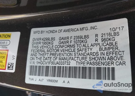 2018 Honda Accord Ex-L из США, поврежденный, VIN 1HGCV1F50JA033732